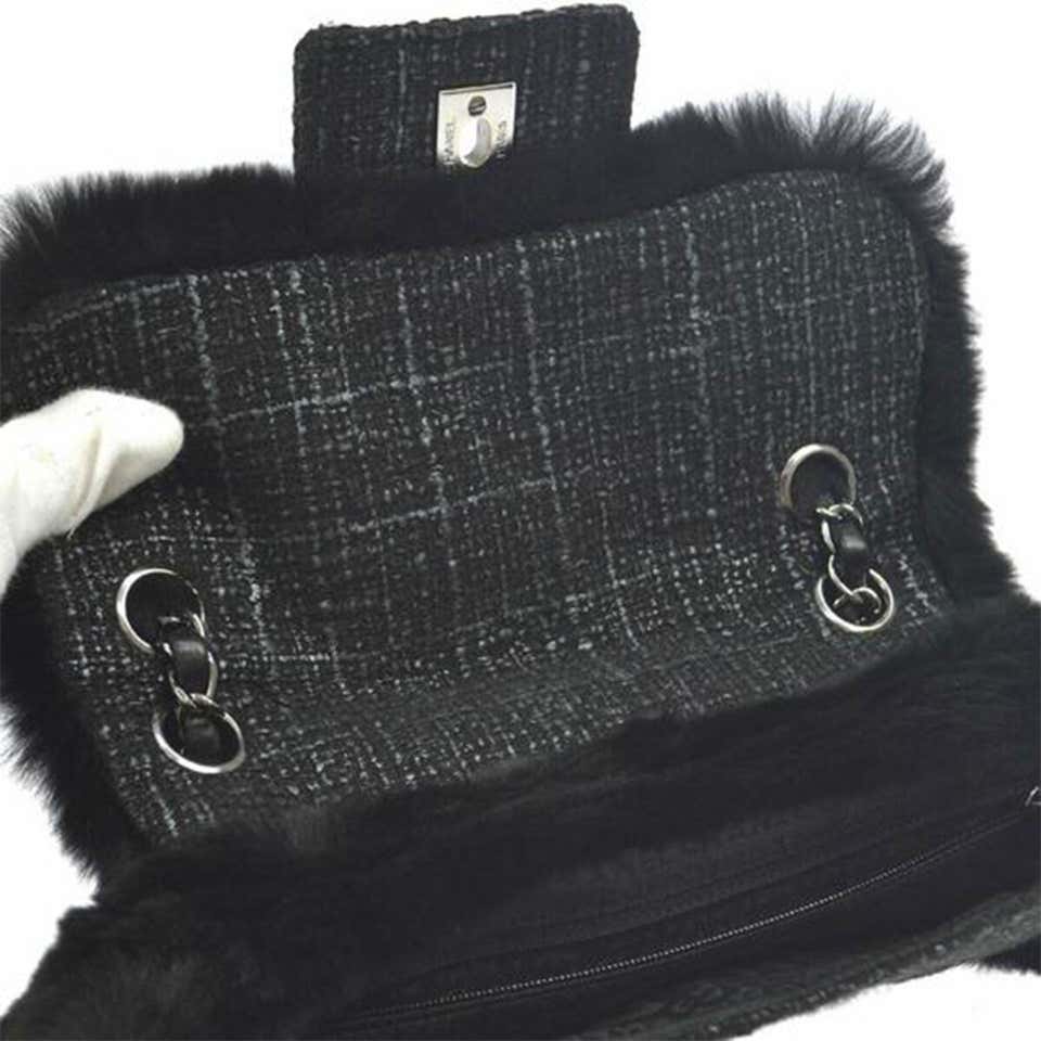 Chanel Classic Flap Rare Vintage Orylag Black and Grey Tweed Fur Cross Body Bag
