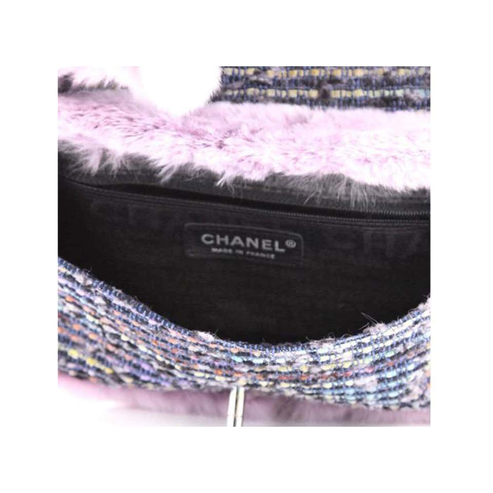 Chanel Classic Flap Vintage 2000s Pink & Grey Tweed and Fur Cross Body Bag