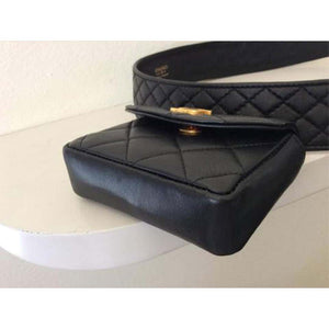 Chanel Belt Bag Rare Vintage 90s Mini Fanny Pack Waist Black Leather Baguette