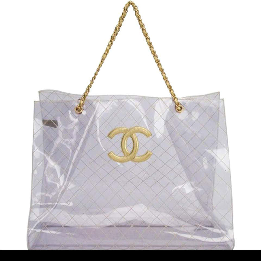 Chanel Rare Vintage 1990s Xxxl Oversized See Through Naked Gold Accent Pvc Tote