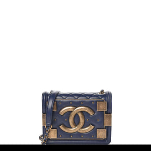 Chanel Handbag Classic Flap Boy Brick Mini Studded Classic Logo CC Navy Blue Bag
