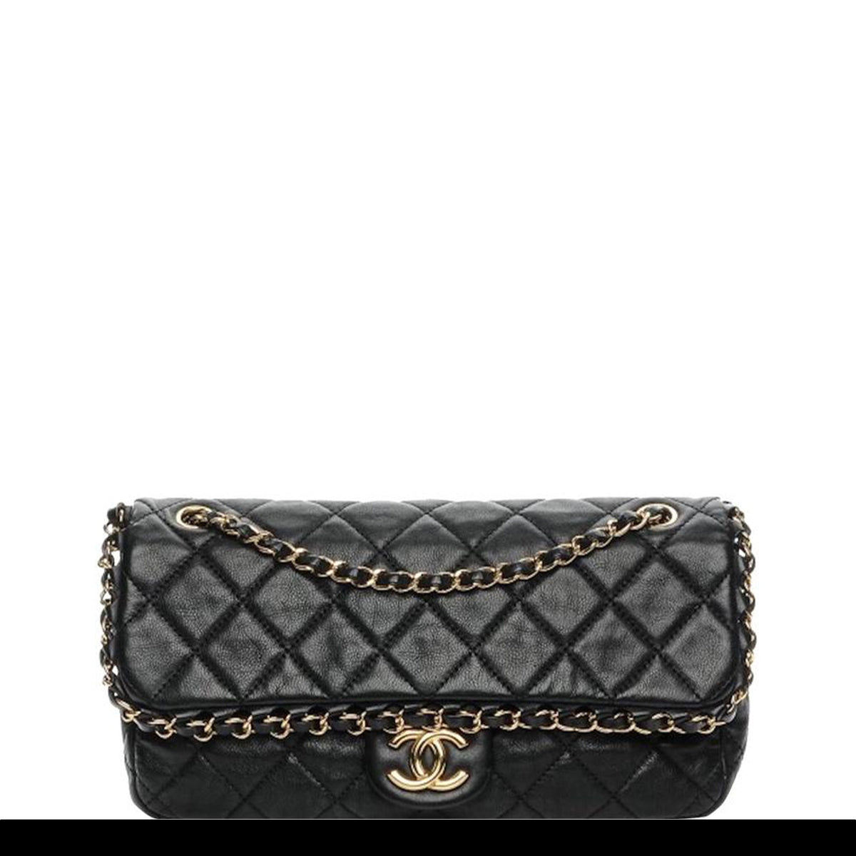 CHANEL Double Flap Black Quilted Lambskin Leather Medium Shoulder