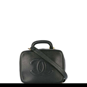 Chanel Vintage Chanel Black Leather Large Vanity Cosmetic Case Pouch