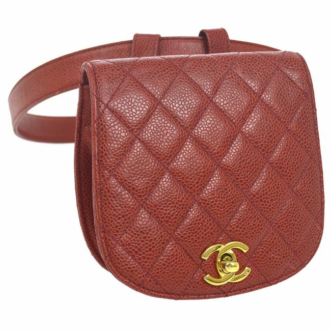 Pre-Owned Chanel Mini Matrasse Chain Belt Waist Pouch Ladies Brown Lambskin  Bag Turn Lock (Good) 