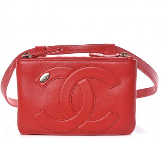 Chanel Bum Red Lambskin Fanny Pack Waist Belt Orange Caviar Leather Cross Body Bag