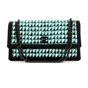 Chanel Classic Flap Timeless Black Green & White Tweed Cross Body