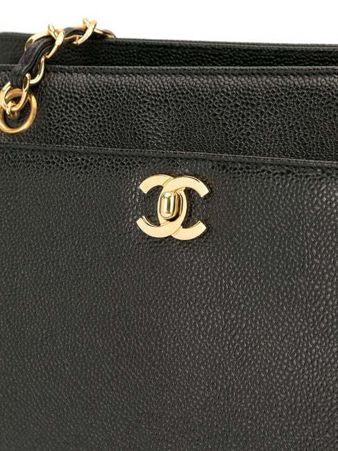 Chanel Shopping Shoulder Bag Vintage 90's Small Classic Black Caviar Leather Tote