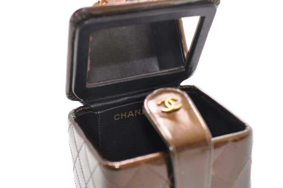 Chanel Vanity Case Micro Mini 90s Vintage Iridescent Bronze Rare Patent Clutch